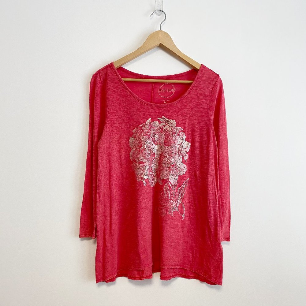 Lucky Brand NWOT Women's Scoop-neck Floral Print Long Sleeve Top, Coral, Size M